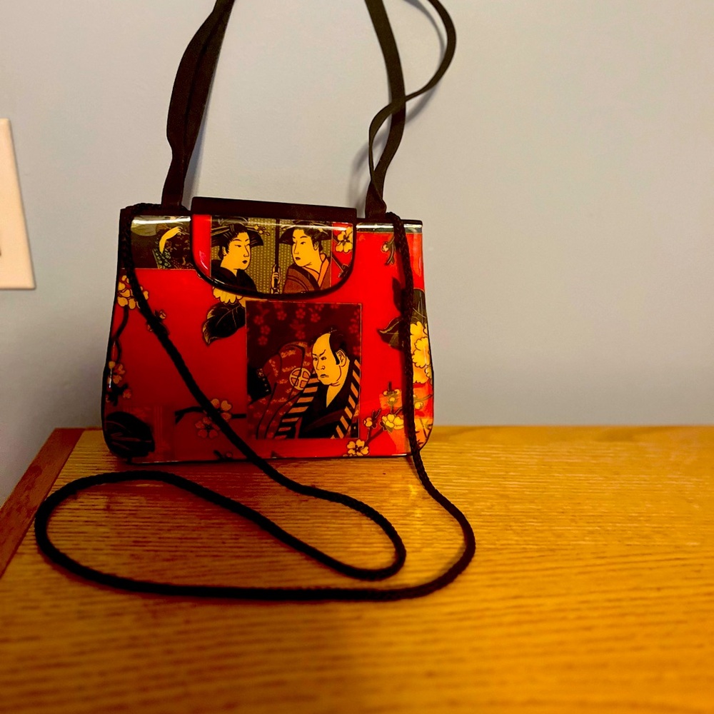 Red and black patent leather Japanese printed handbag